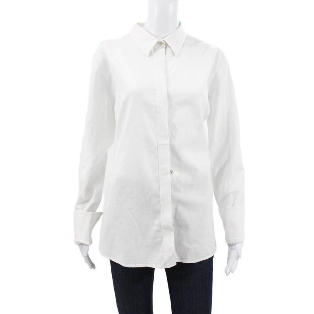 Claridge + King Womens Linen Collared Button Up Long Sleeve White Size L